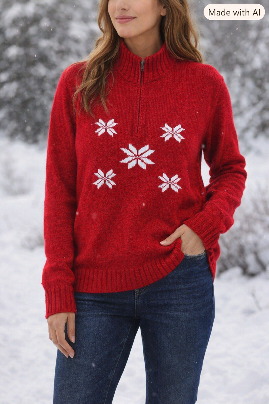 Van Heusen Women’s Red Snowflake Half‑Zip Acrylic Sweater XL Made in Macau